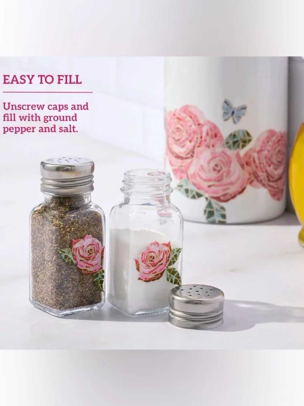Dolly Parton Floral Glass Measuring Cup & Salt and Pepper Shaker Set NWT